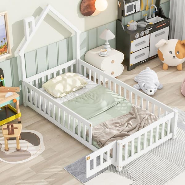 Harper & Bright Designs White Wood Frame Twin Size House Platform Bed, Floor Bed with Chimney and Roof Design, Fence Guardrails with Door