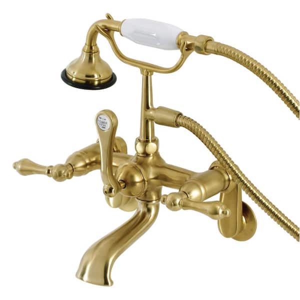 Kingston Brass Aqua Vintage 3-Handle Wall-Mount Clawfoot Tub Faucets with Hand Shower in Brushed Brass