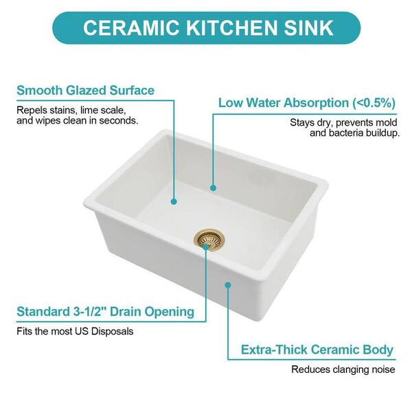 Qidian 27 in. Undermount Single Bowl White Ceramic Kitchen Sink