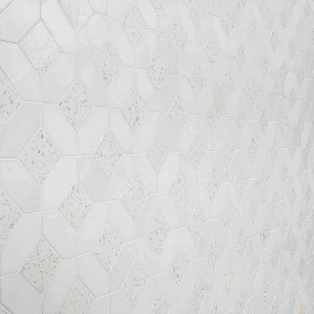 Salt White Polished Marble and Terrazzo Mosaic Tile Sheet