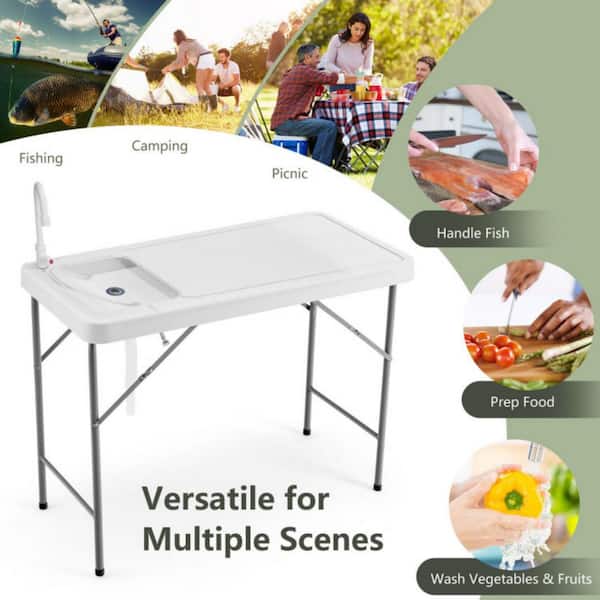 Folding Table with Sink, 4ft Portable Foldable Outdoor Camping Fishing  Cleaning with Faucet for Picnic Camping Kitchen Garden White