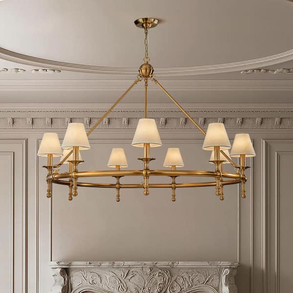 47 in 9-Light Vintage Copper Classic Ring Chandelier Larger Wagon Wheel Pendant with White Fabric Lamp Shade for Foyer