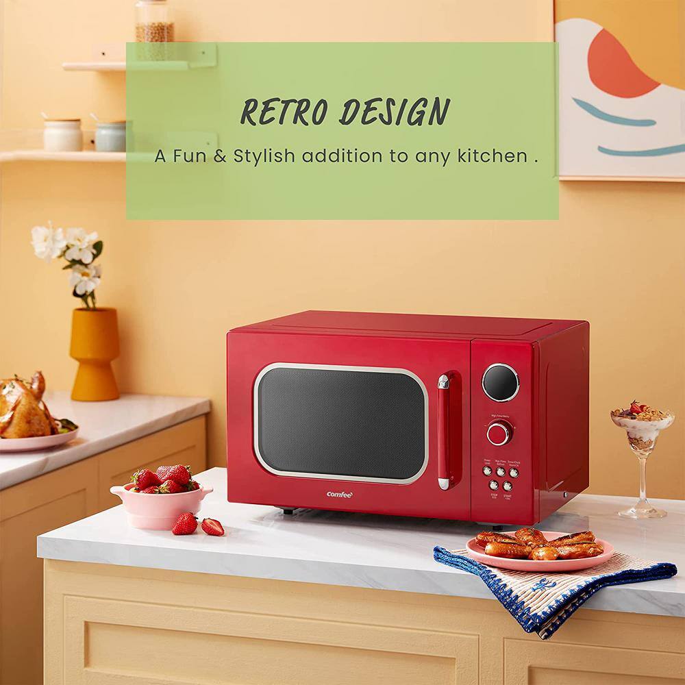 Retro Red Small 0.9 cu ft Countertop Microwave with LED Display