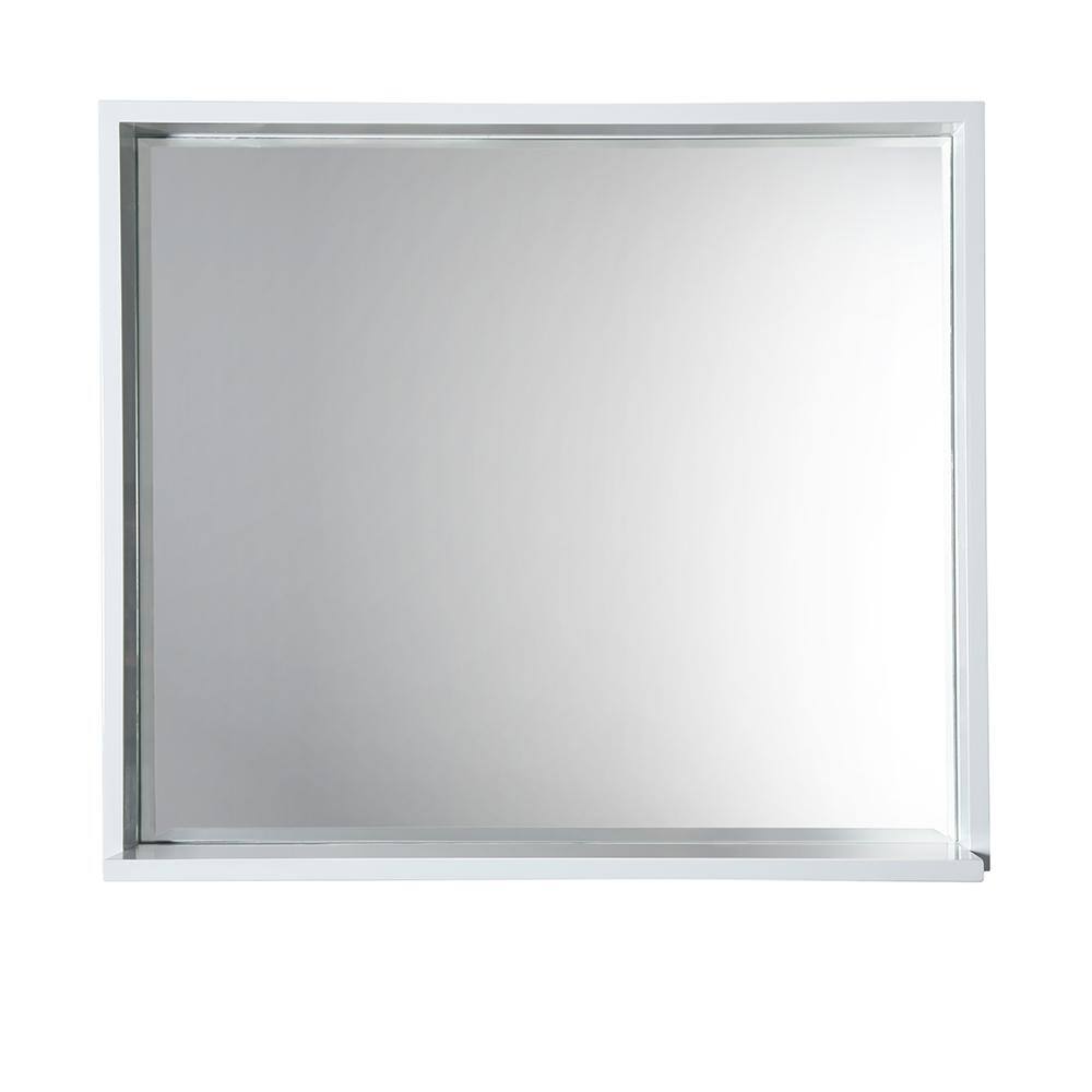 White Rectangular Wood Vanity Mirror with Shelf