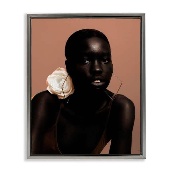 Beautiful Woman & Rose by Oladimeji Odunsi Gray Floater Frame People Graphic Art Print 31 in. x 25 in.