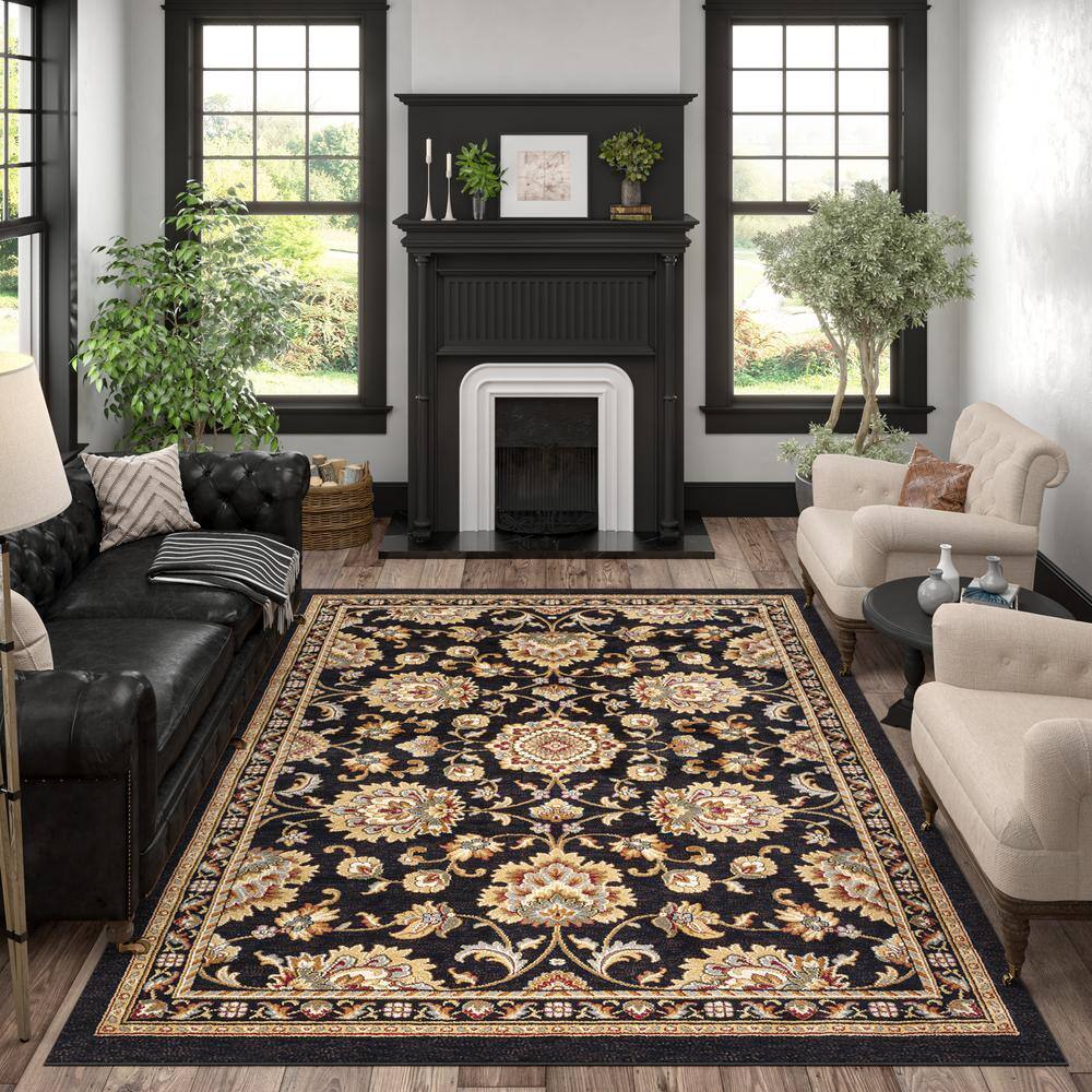 Sensation 5' x 7' Black Synthetic Easy-Care Traditional Area Rug