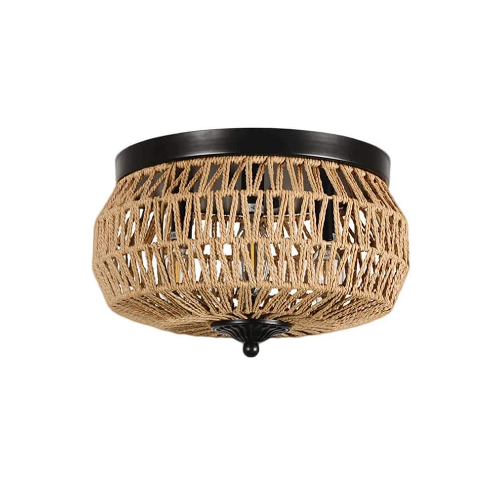 PUDO 1-Light Flush Mount Modern Boho Brown Rattan Lantern Pendant Light ...