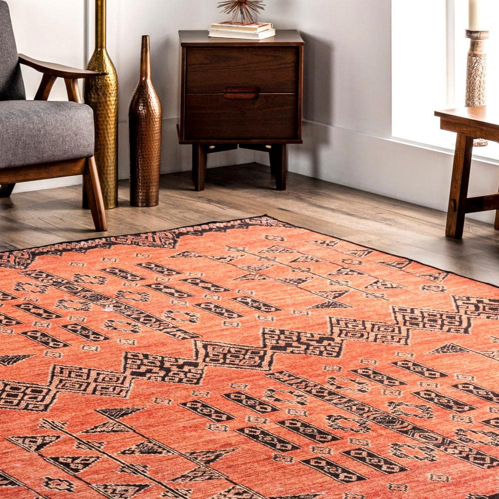 Quincy Red Geometric Cotton-Blend Washable Area Rug