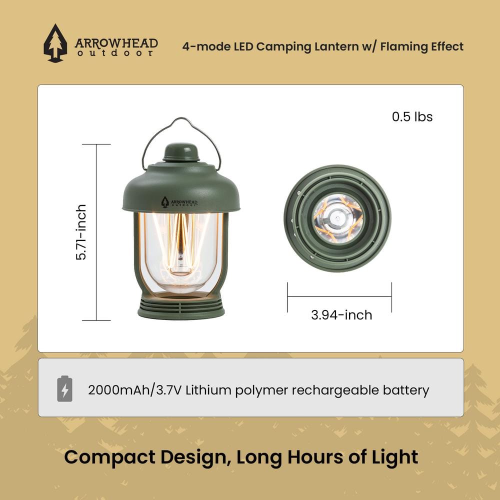 Army Green 6-Inch LED Camping Lantern with USB-C Charging