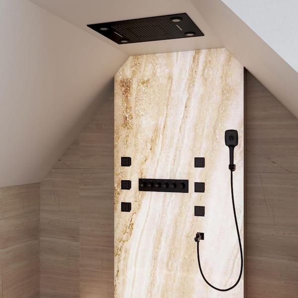 Thermostatic 7-Spray LED Rainfall Ceiling Mount Dual Fixed and Handheld Shower Head with 6-Body Jets in Matte Black