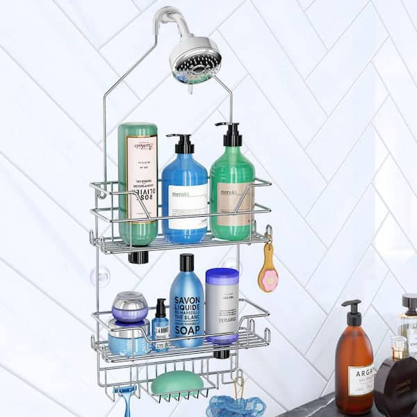 KeFanta Shower Caddy Over Shower Head, Silver Hanging Organizer, Storage Rack with Hooks for Razor, Bathroom Shampoo Holder