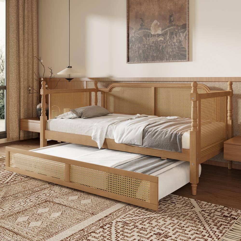 Harper & Bright Designs Antique Walnut Twin Size Rattan Daybed with ...