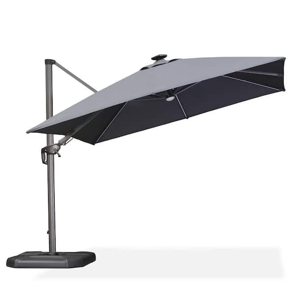 PURPLE LEAF 10 ft. Square Aluminum Cantilever Solar LED Swivel Offset 360° Rotation Umbrella with Wheels Base, Gray