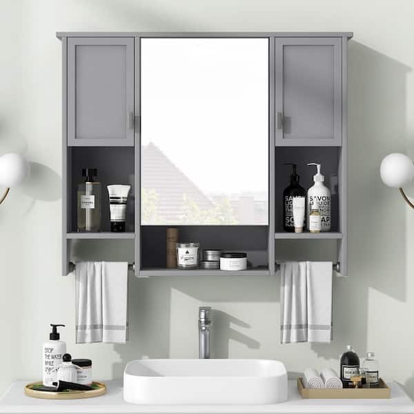35 in. W x 28 in. H Rectangular Wood Medicine Cabinet with Mirror, Bathroom Wall Medicine Cabinet with Towels Bar, Grey