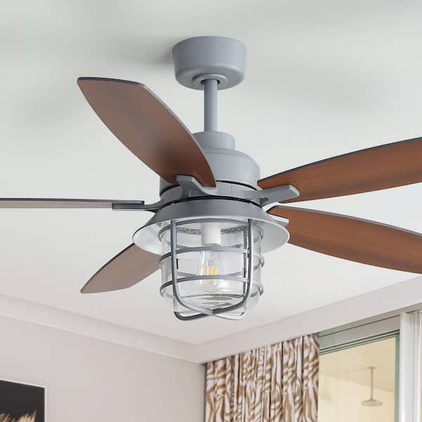 52 in. Indoor/Outdoor Farmhouse Downrod Mounting Gray and Brown Ceiling Fan with E26 Light and Remote