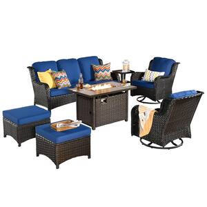 Joyoung Brown 7-Piece Wicker Patio Rectangle Fire Pit Conversation Set with Navy Blue Cushions and Swivel Chairs