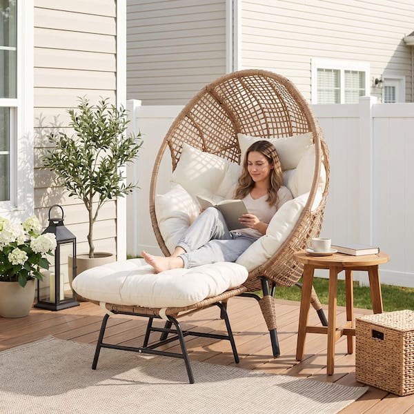 PE Wicker Indoor/Outdoor Lounge Egg Chair with Beige Cushion and Ottoman for Patio Porch Balcony