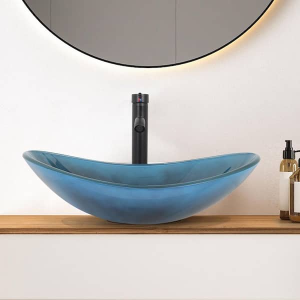 Glass Oval Vessel Sink in Ocean Blue