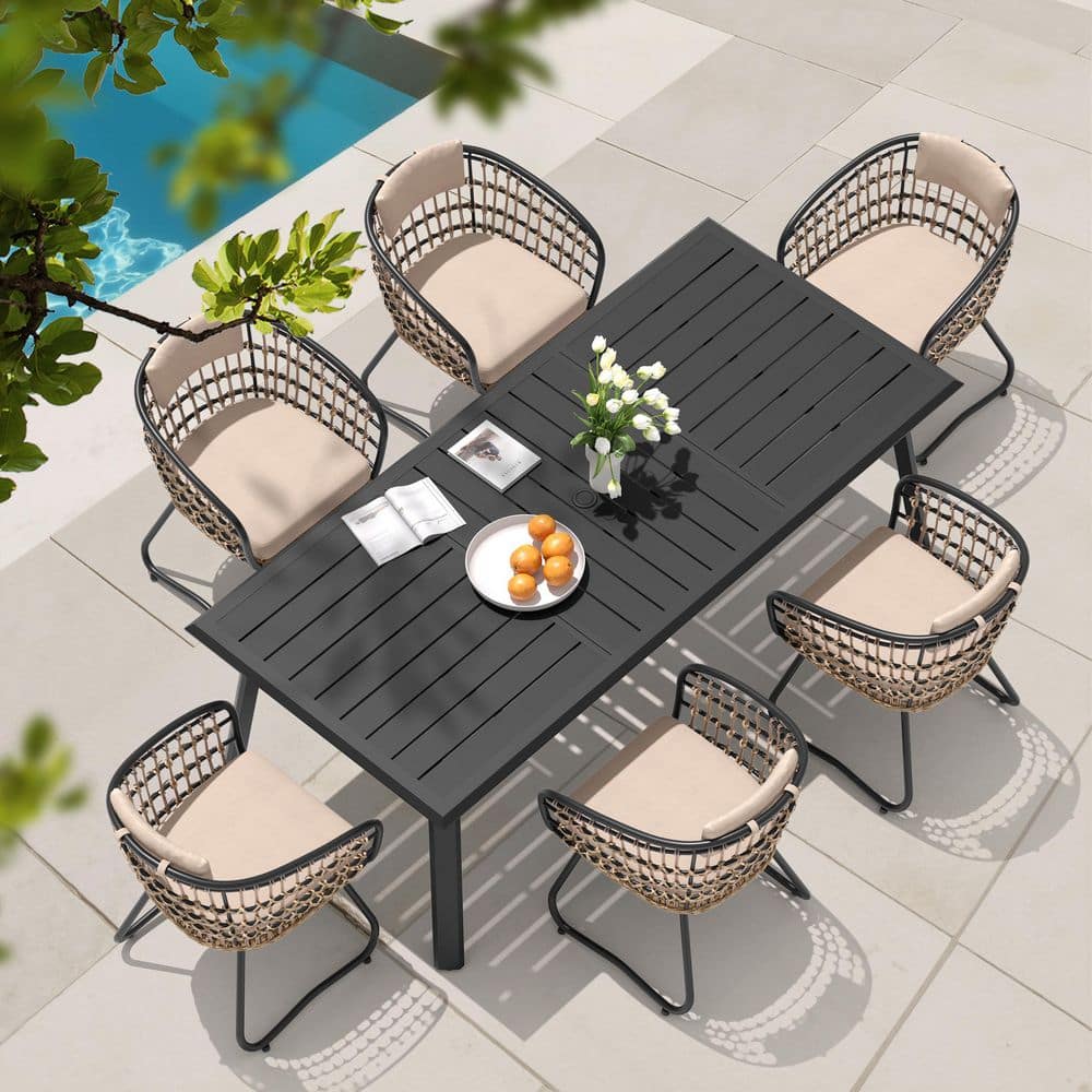7-Piece All-Aluminum 82.7 in. Outdoor Dining Table Set with 6-Dining Rattan Chairs and Beige Removable Cushions price history on PriceWatchPro