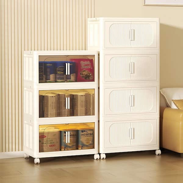 Otryad 4-Tier Plastic Collapsible Storage Cabinet on Wheels, Storage Bins Closet Organizer with Magnetic Door, Cream White
