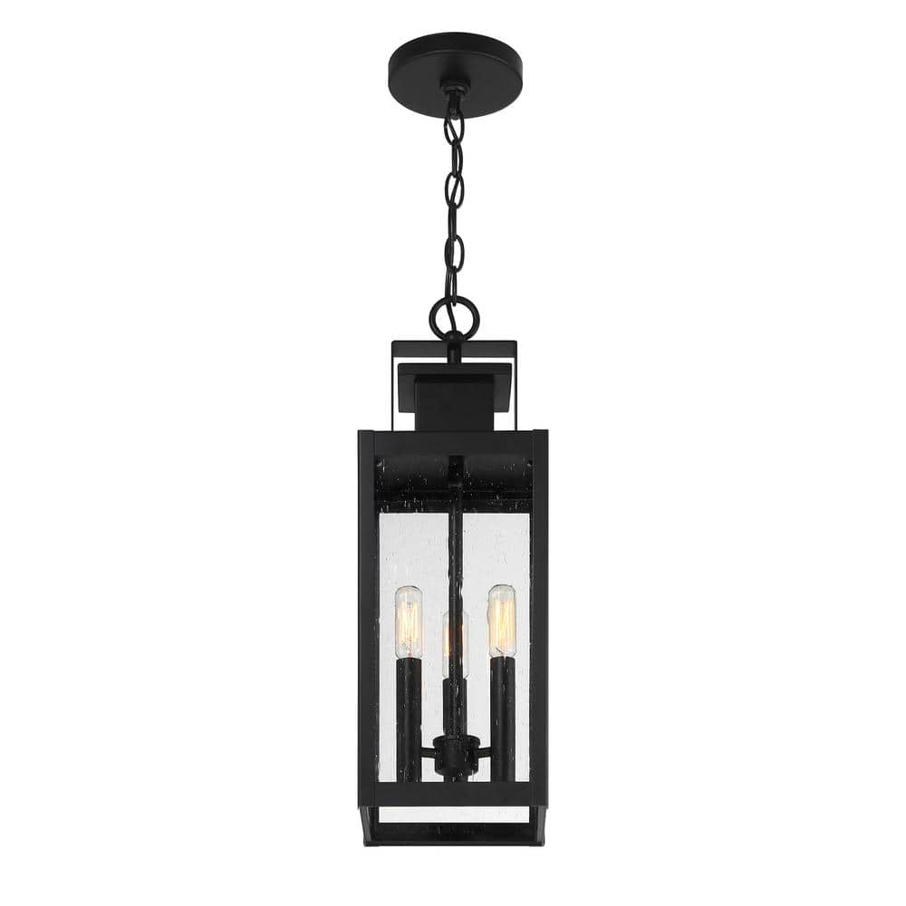 Matte Black 3-Light Outdoor Hanging Lantern with Clear Seeded Glass