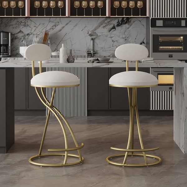 28 in. Gold Metal Counter Height Bar Stools with White PU Leather Seat Upholstered Dining Chair with Footrest (2-Pack)