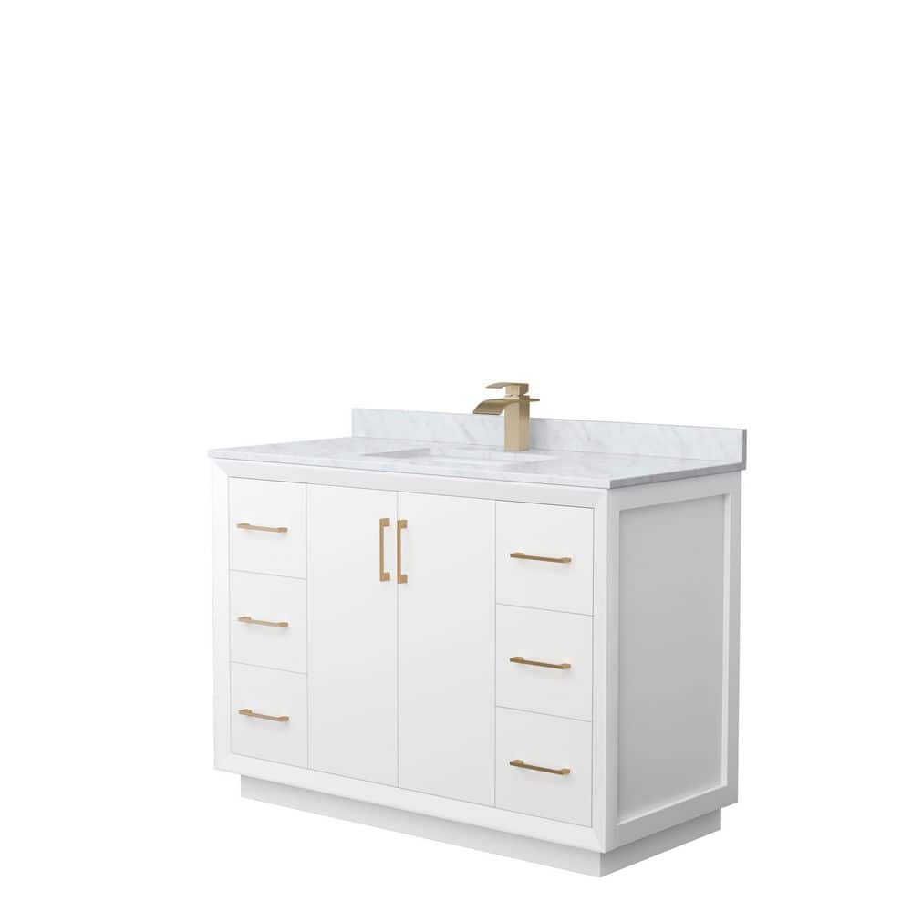 Wyndham Collection Strada 48 in. W x 22 in. D x 35 in. H Single Bath Vanity in White with White Carrara Marble Top, White with Satin Bronze Trim -  WCF414148SWZCMUNSMXX