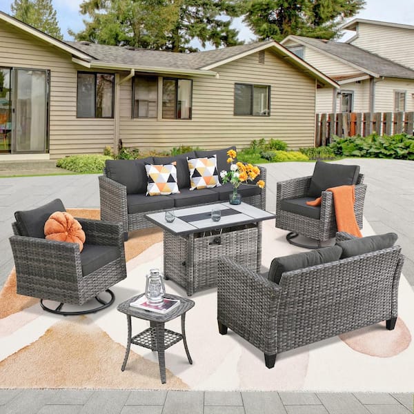 XIZZI Hyperion 6-Pcs Wicker Patio Rectangular Fire Pit Set and with ...