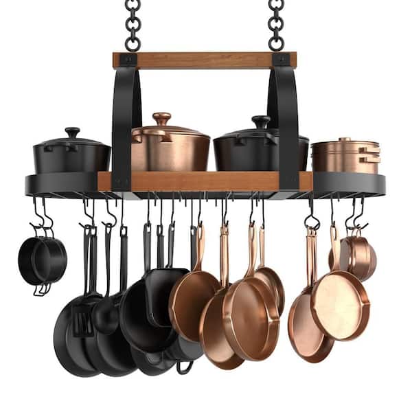 39 in. Oval Ceiling Mounted Hanging Pot Rack, Adjustable, With 20 Hooks, Solid Wood and Metal, Matte Black