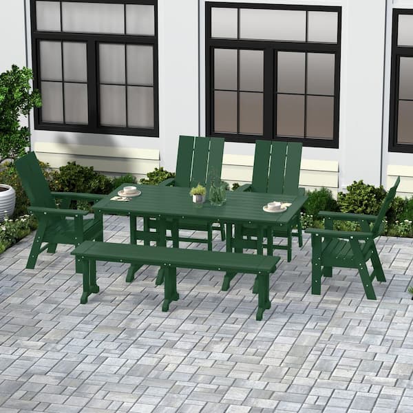 WESTIN OUTDOOR Shoreside Outdoor Patio Weather Resistant Dark Green 6-Piece HDPE Plastic Adirondack Dining Set with Bench