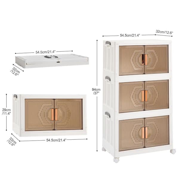 3-Tier Foldable Stackable Accent Storage Cabinet with Wheels, White 16 Gallon Plastic 37 in. Storage Bins with Lids