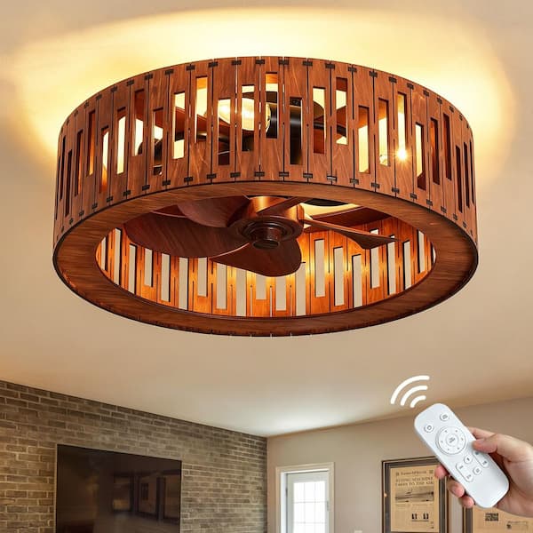 20 in. Dark Coffee Flush Mount Ceiling Fan with Light, Rustic Wood Caged Low Profile with Remote Reversible Fan Blades