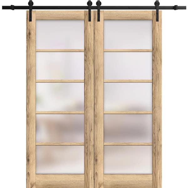 Sartodoors 36 in. x 80 in. 2 Panel Frosted Glass Oak Solid Wood Sliding Barn Door with Hardware Kit