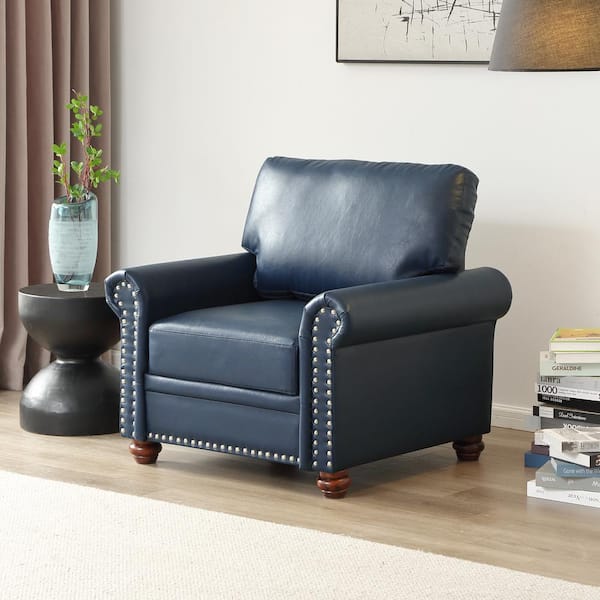 Harper & Bright Designs 35.8 in. Round Arm Faux Leather Rectangle Mid-Century Modern Sofa in Navy Blue with Solid Wood Legs and Silver Nails