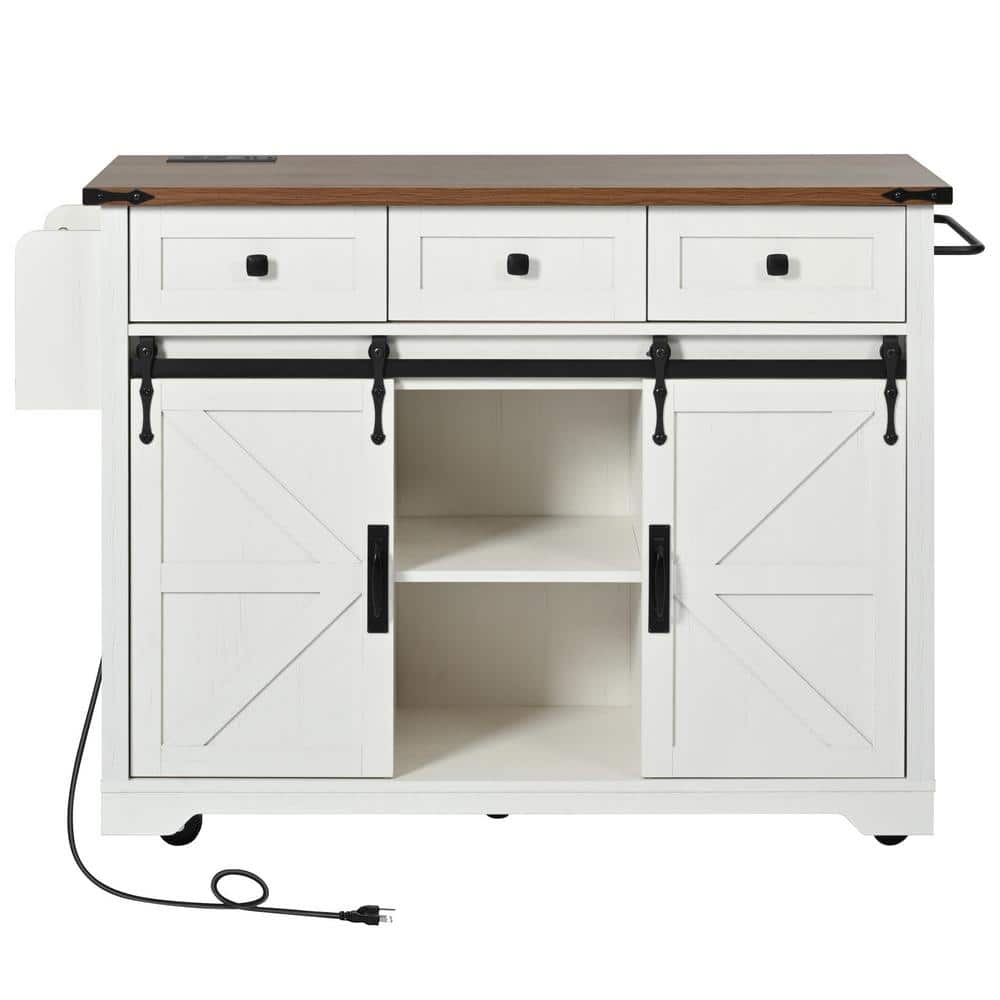 White Wood 54 in. Kitchen Island with Drawers, Rolling Kitchen Cart on Whee