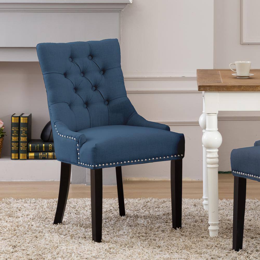 Blue Linen Upholstered Tufted Dining Side Chair with Rubberwood Legs