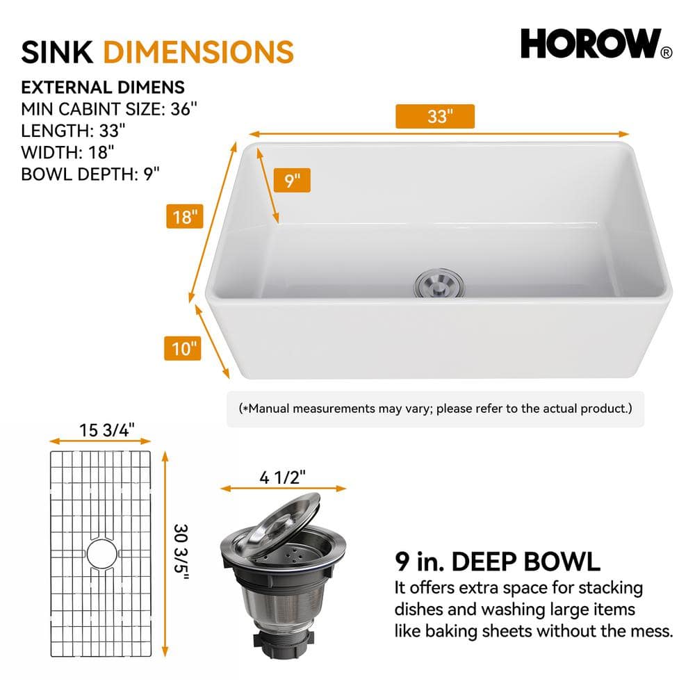 Athena 33" L x 18" W Farmhouse Kitchen Sink with Sink Grid and Basket Strainer