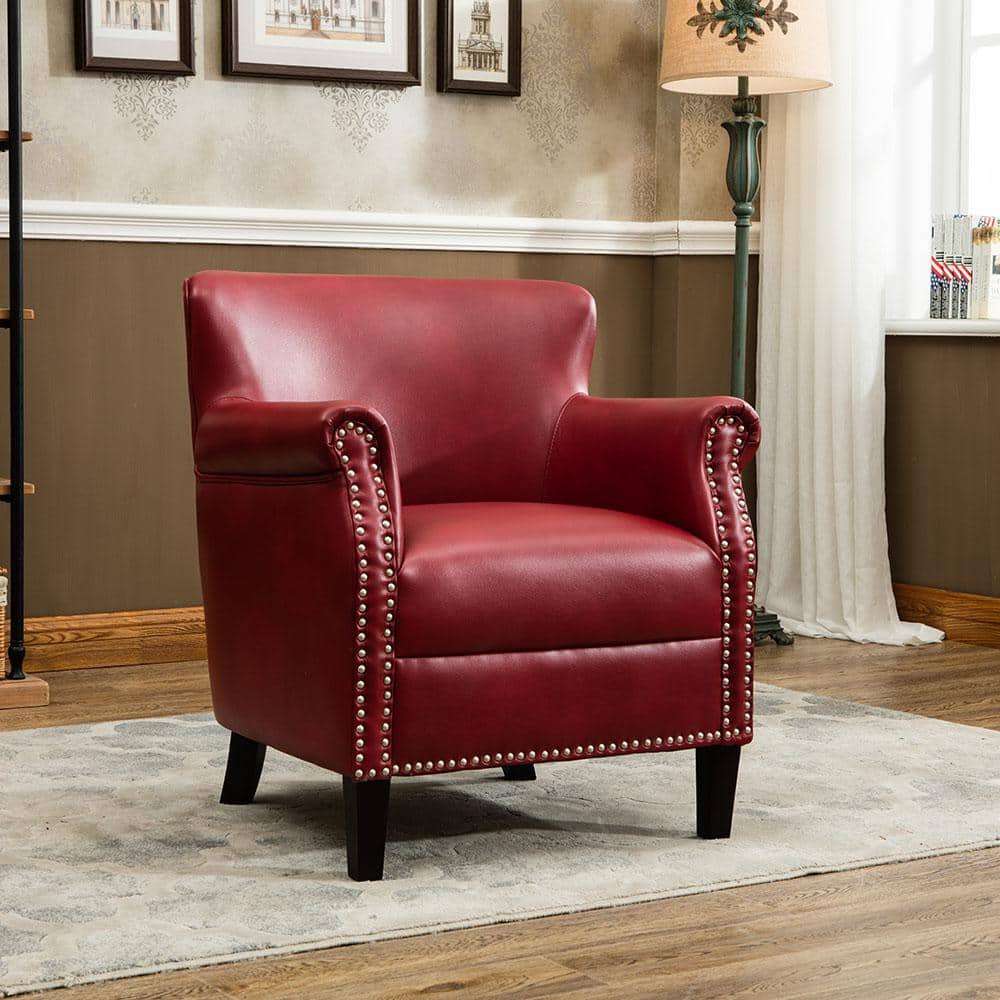 Traditional Red Leather Accent Chair with Wood Frame and Nailhead Trim