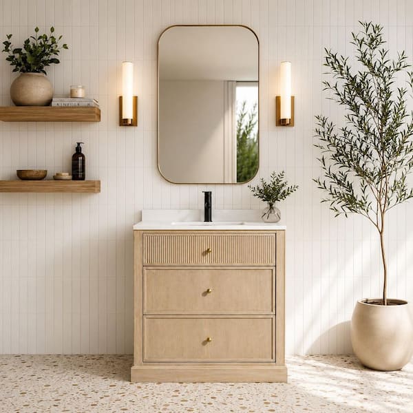 Redondo 30 W x 22 in. D x 34.5 H Single Bath Vanity in Ash Oak with Engineered Quartz Top in White with White Basin
