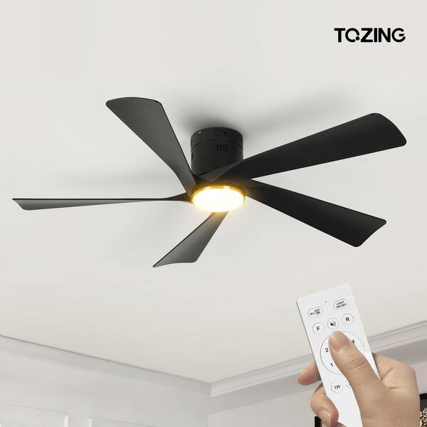 52 in. Smart Indoor Black Low Profile Standard Flush Mount Ceiling Fan  Light with Bright White Integrated LED 5 Blades