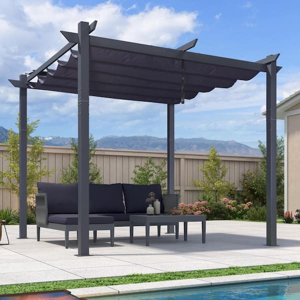 PURPLE LEAF 10 ft. W x 10 ft. D Patio Dark Gray Aluminum Pergola with Navy Blue Adjustable Sun Shelter Canopy and Extra Canopy Top