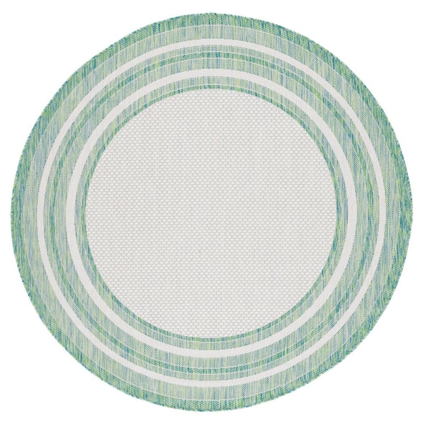 Courtyard Ivory/Green 4 ft. x 4 ft. Solid Color Striped Indoor/Outdoor Round Area Rug