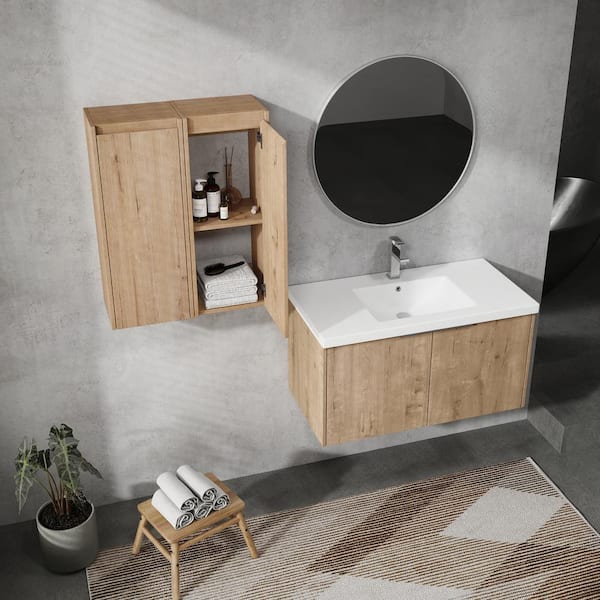 36 in. Single Sink Floating Imitative Oak Bath Vanity with White Resin Top and Two Side Cabinets Unassembled