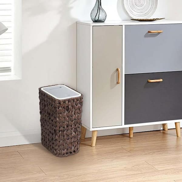 Unbranded 2.6 gal. Metal Trash Can, Slim Wicker Garbage Can with Press Top Lid, Waste Basket and Hamper 2-in-1 Trash Can, Brown
