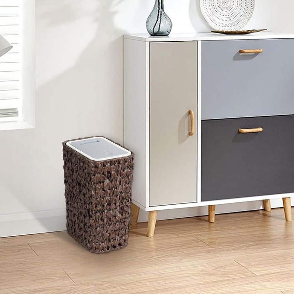 2.6 gal. Metal Trash Can, Slim Wicker Garbage Can with Press Top Lid, Waste