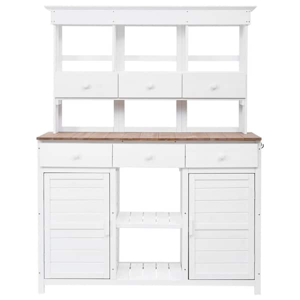 HomeAura 50 in. W x 65.7 in. H White Potting Bench Table with Hutch