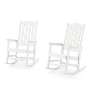 White Plastic Adirondack Outdoor Rocking Chair with High Back, Porch Rocker for Backyard (Set of 2)