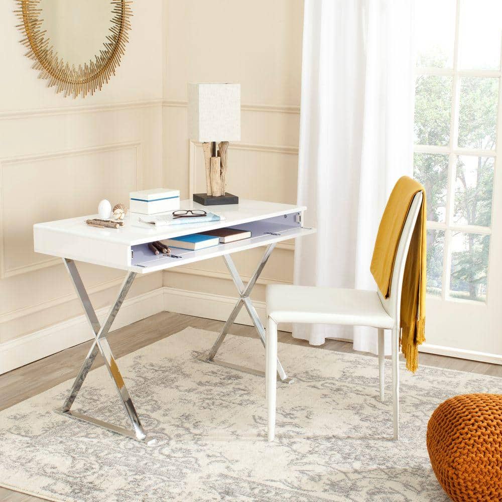 Elegant Transitional 39'' White Lacquered Home Office Desk with Drawer