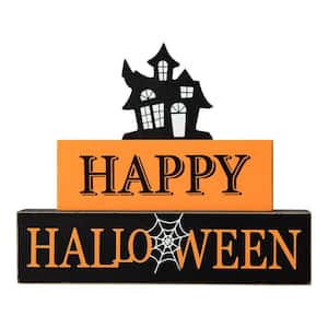 7.75 in. H Happy Halloween Wooden Haunted House Block Sign