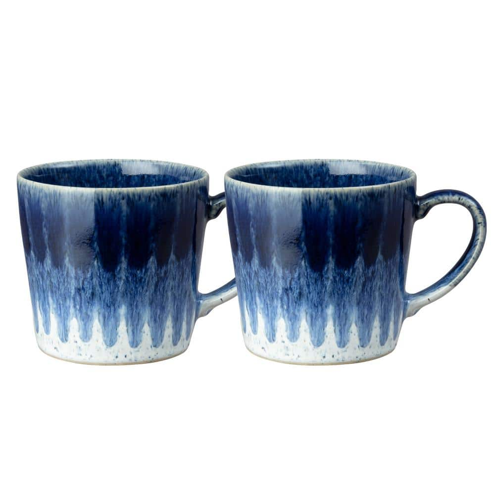 Blue Latte Coffee Mug Tea Cup Ribbed Stoneware 10 Oz, Set Of 2